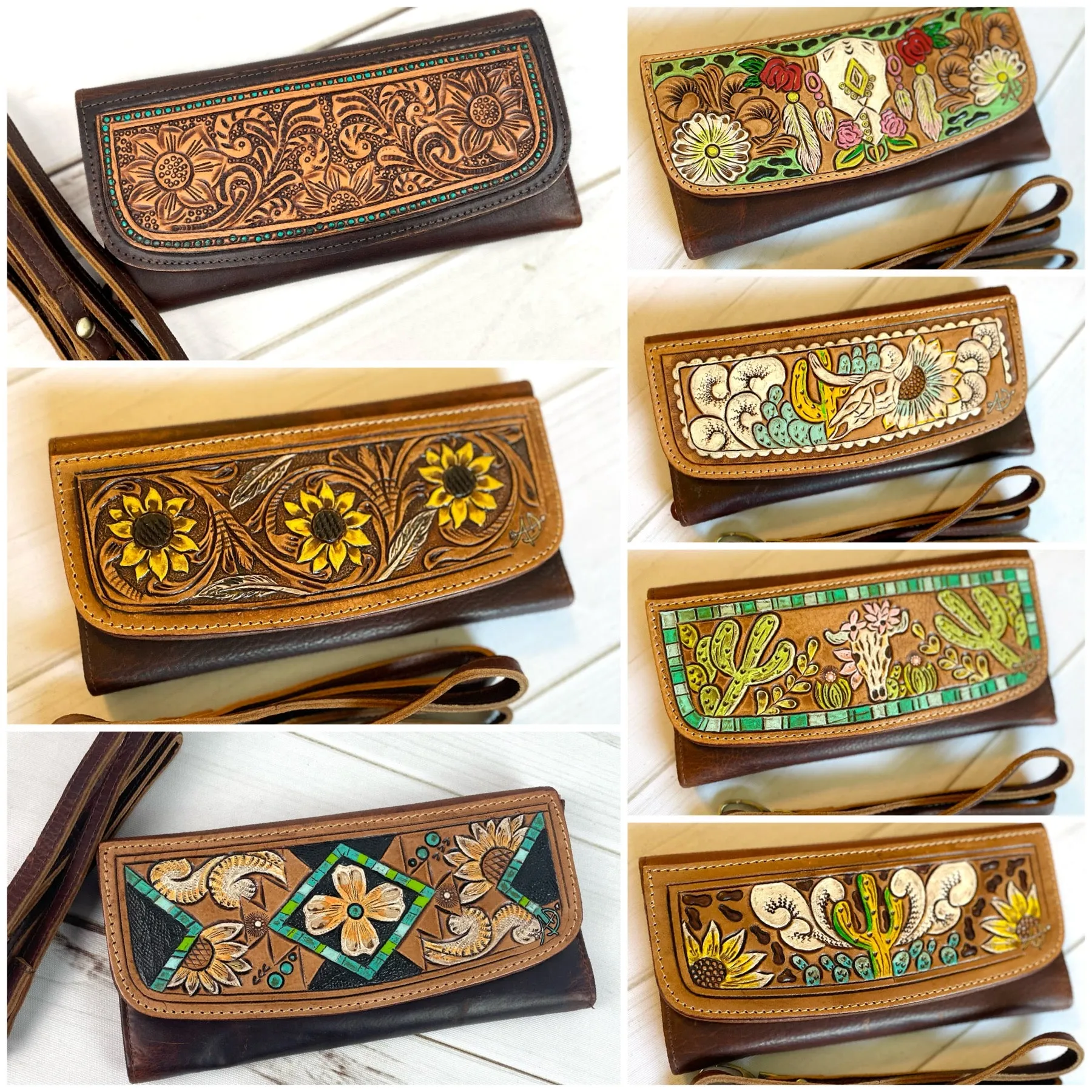 Powell Tooled Painted Leather Wallets with Purse Strap