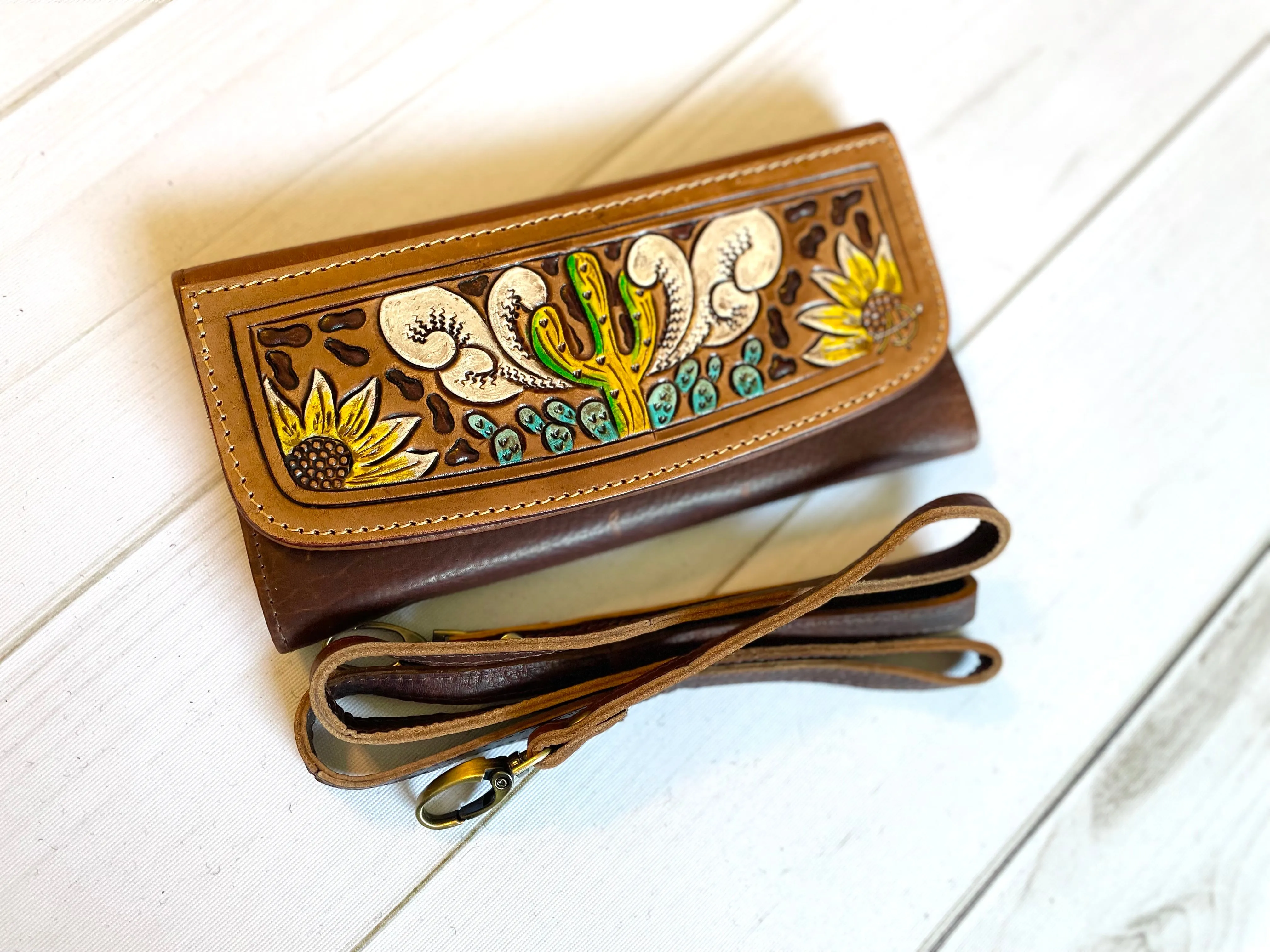 Powell Tooled Painted Leather Wallets with Purse Strap