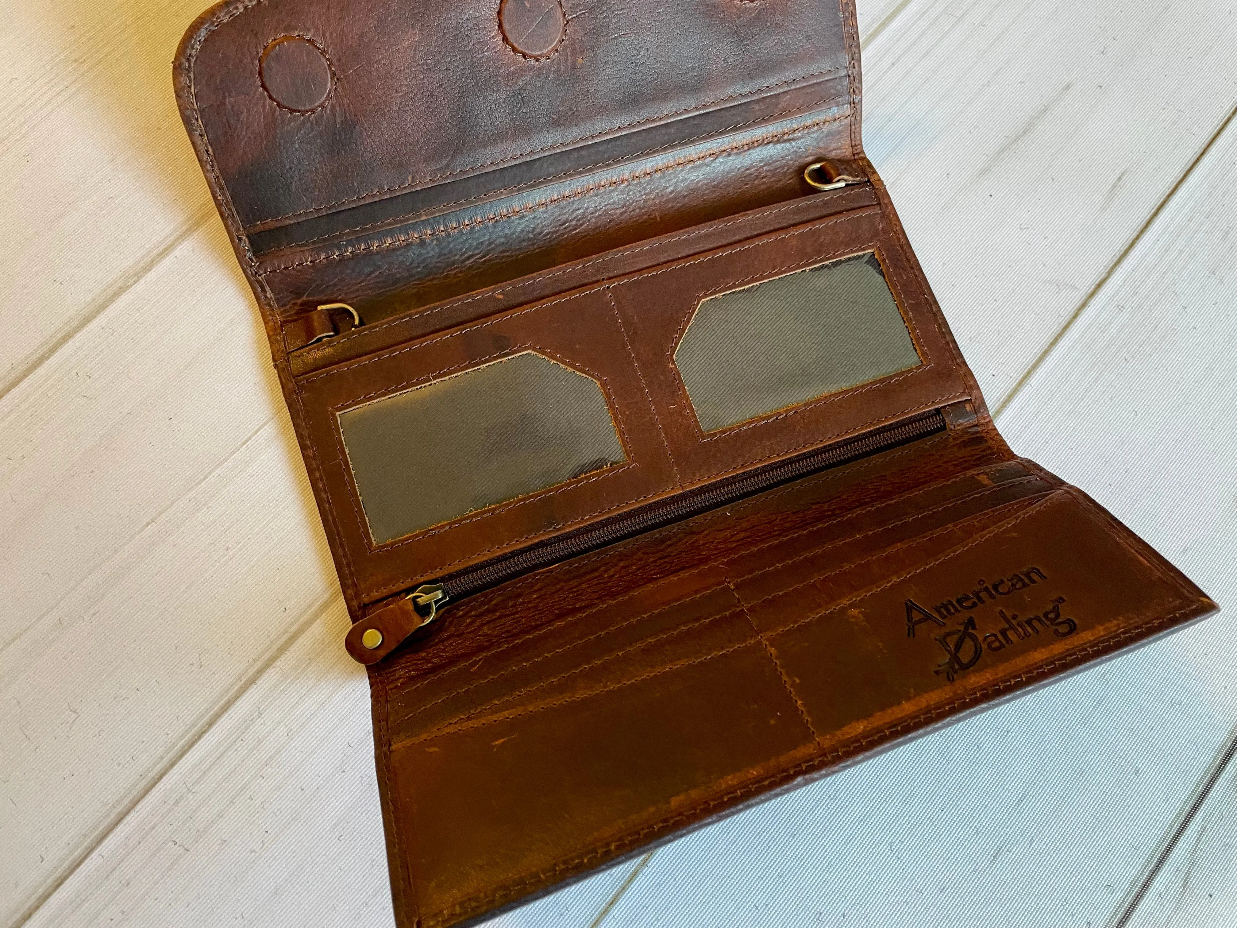 Powell Tooled Painted Leather Wallets with Purse Strap