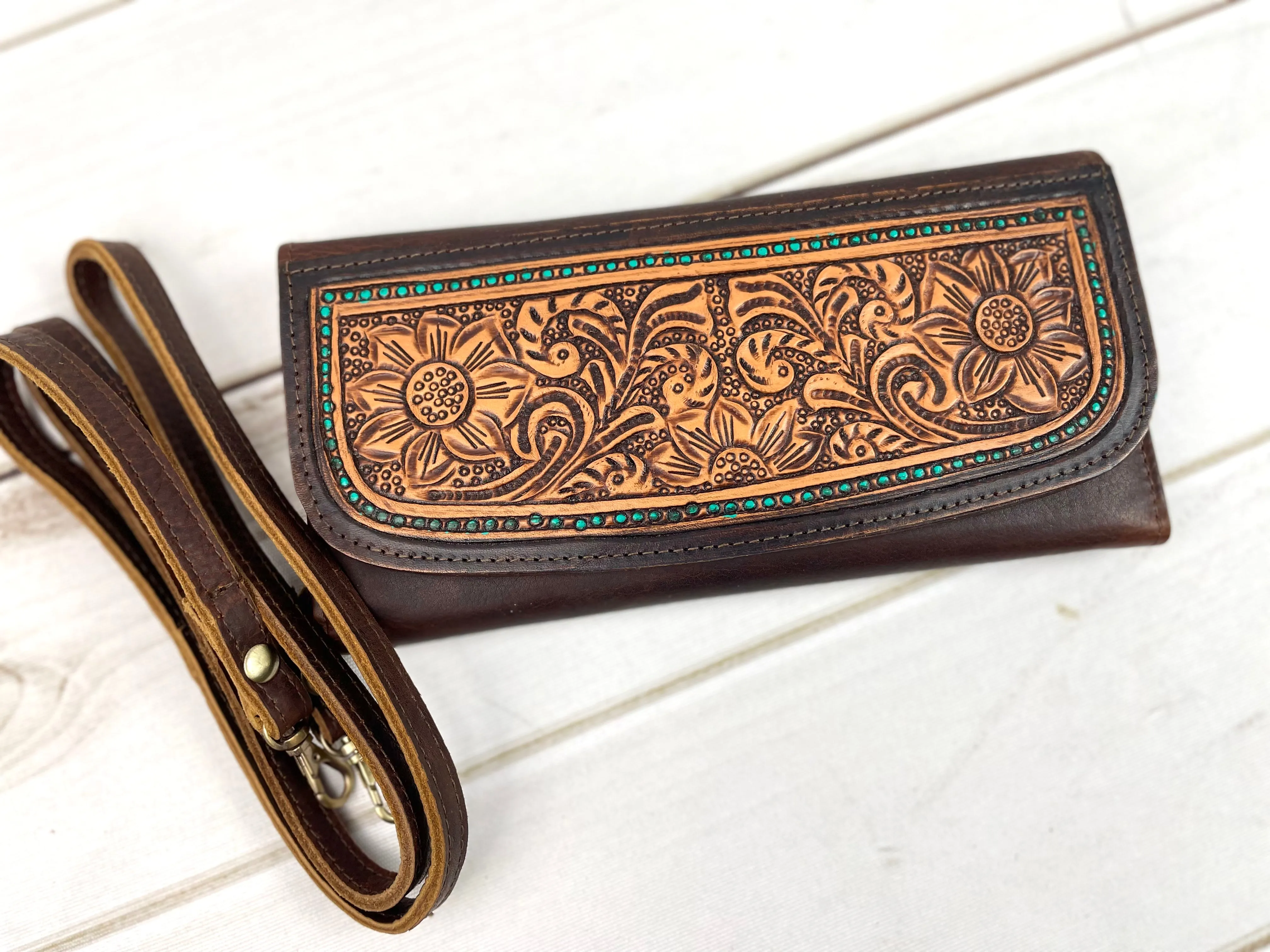 Powell Tooled Painted Leather Wallets with Purse Strap