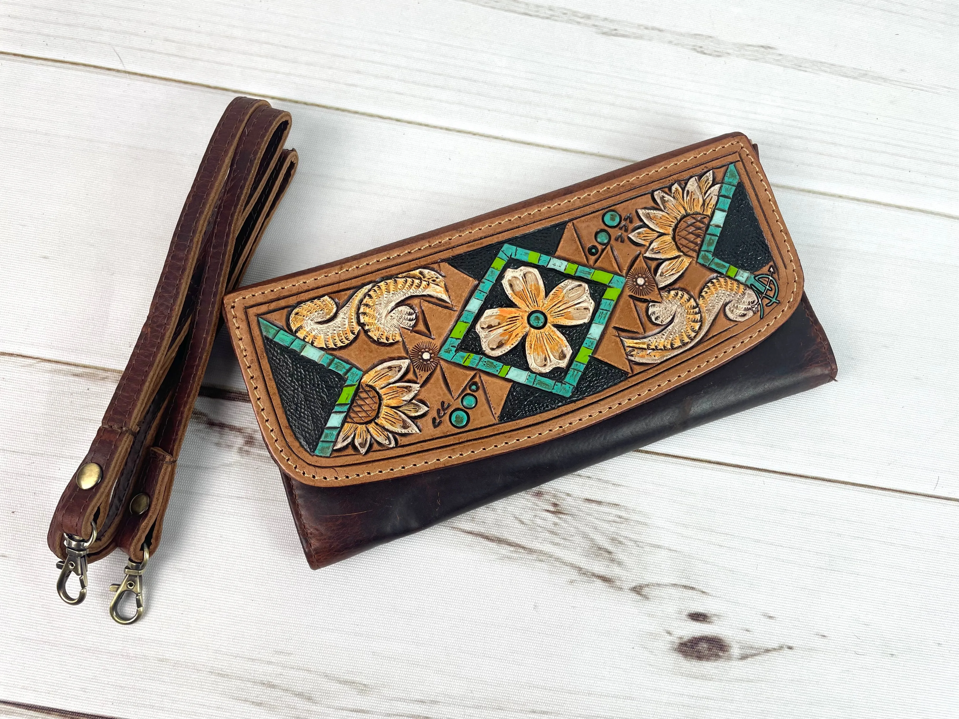 Powell Tooled Painted Leather Wallets with Purse Strap