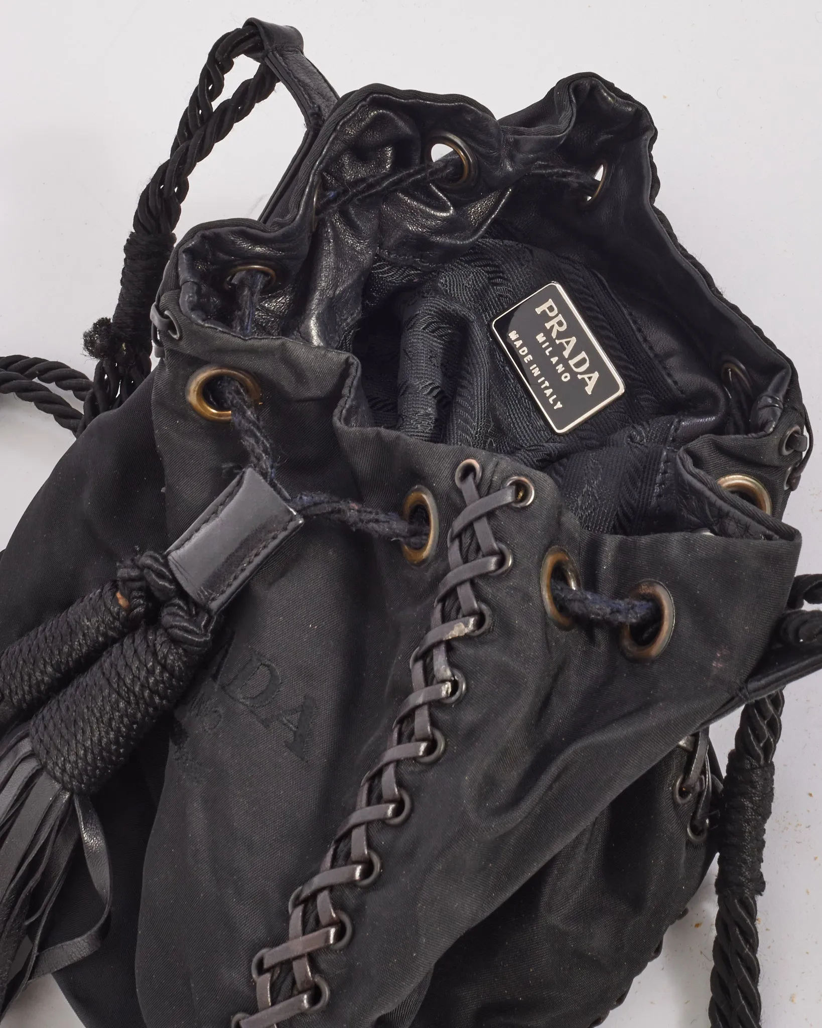 Prada Black Nylon Logo Small Tassel Bucket Bag