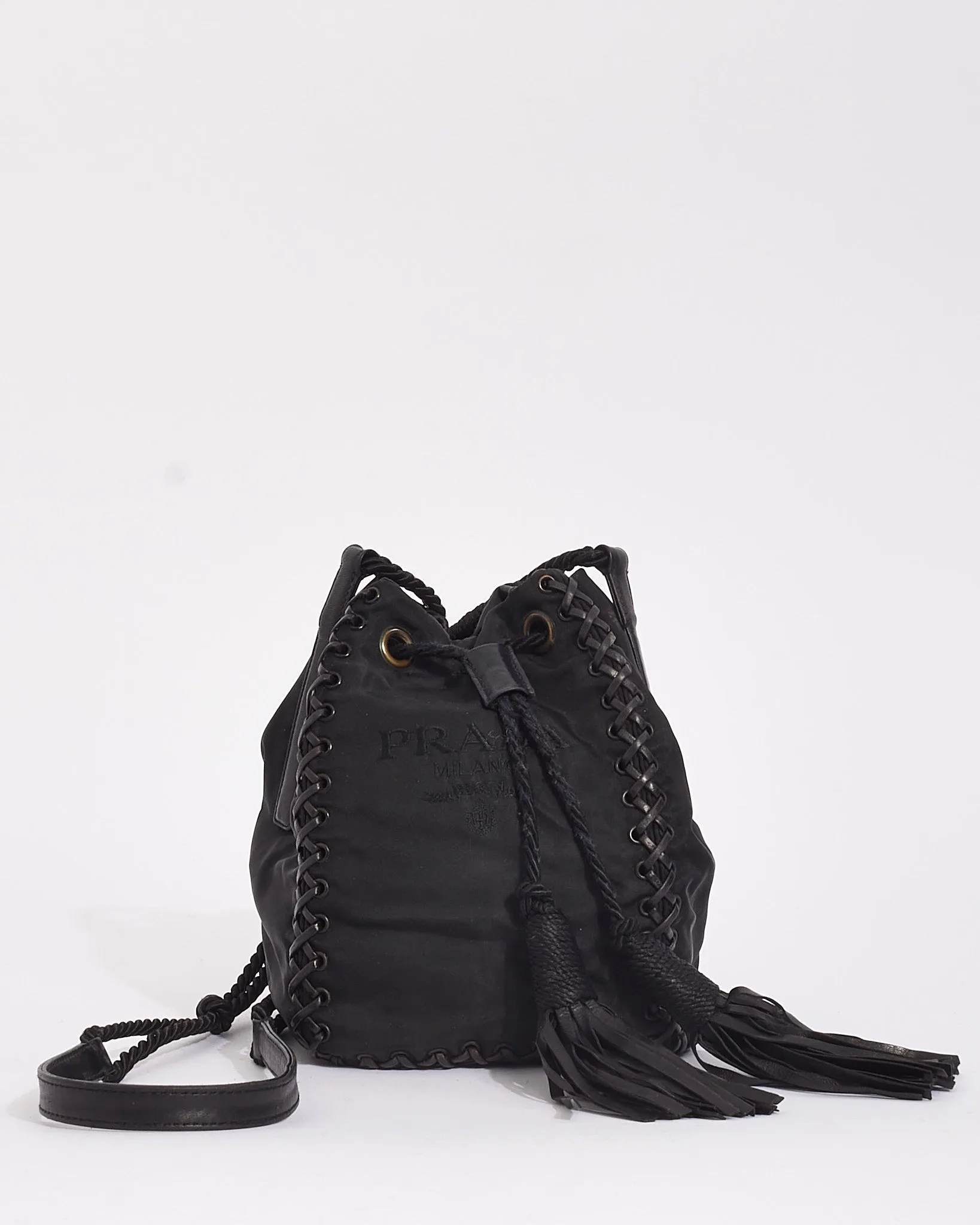 Prada Black Nylon Logo Small Tassel Bucket Bag