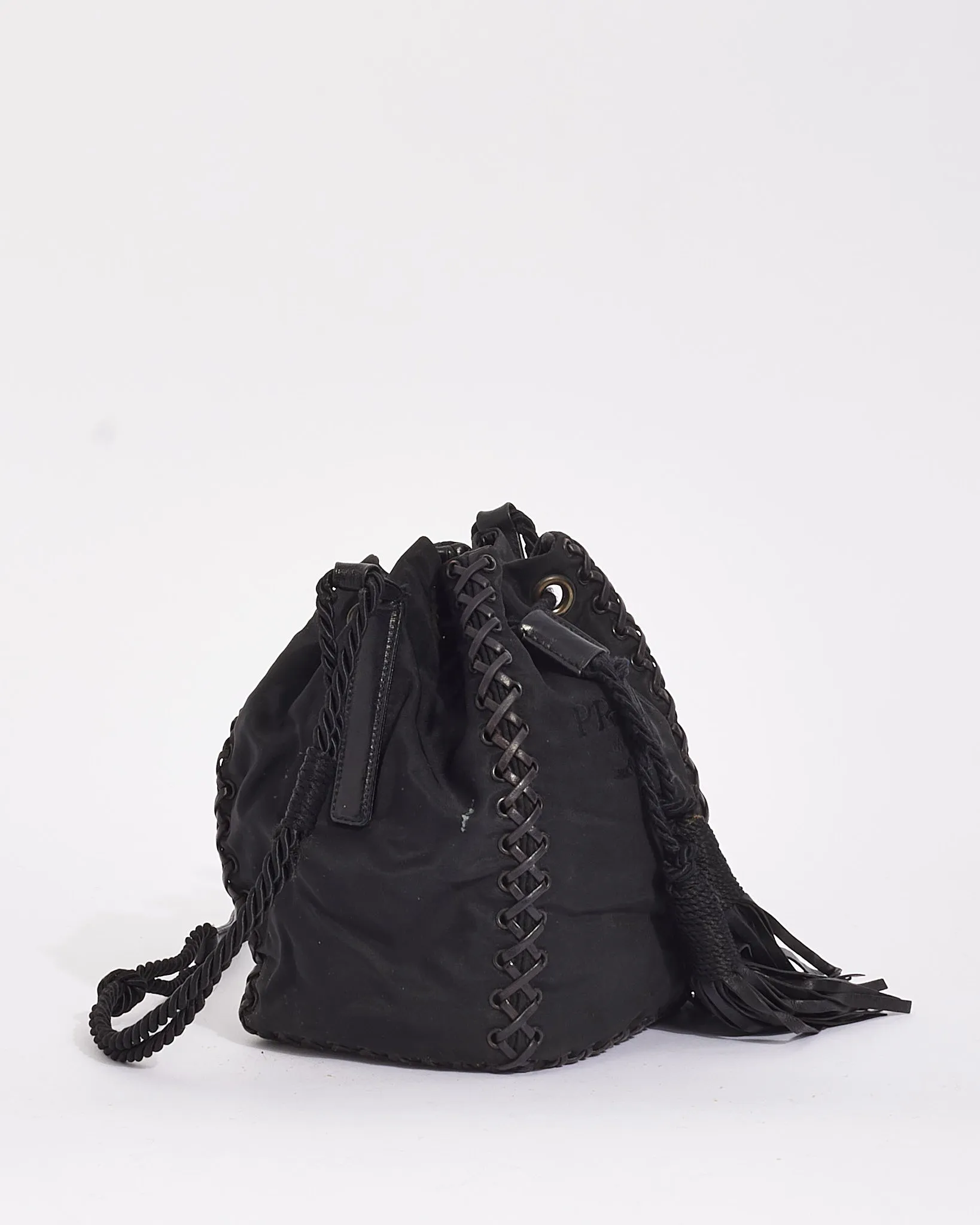 Prada Black Nylon Logo Small Tassel Bucket Bag
