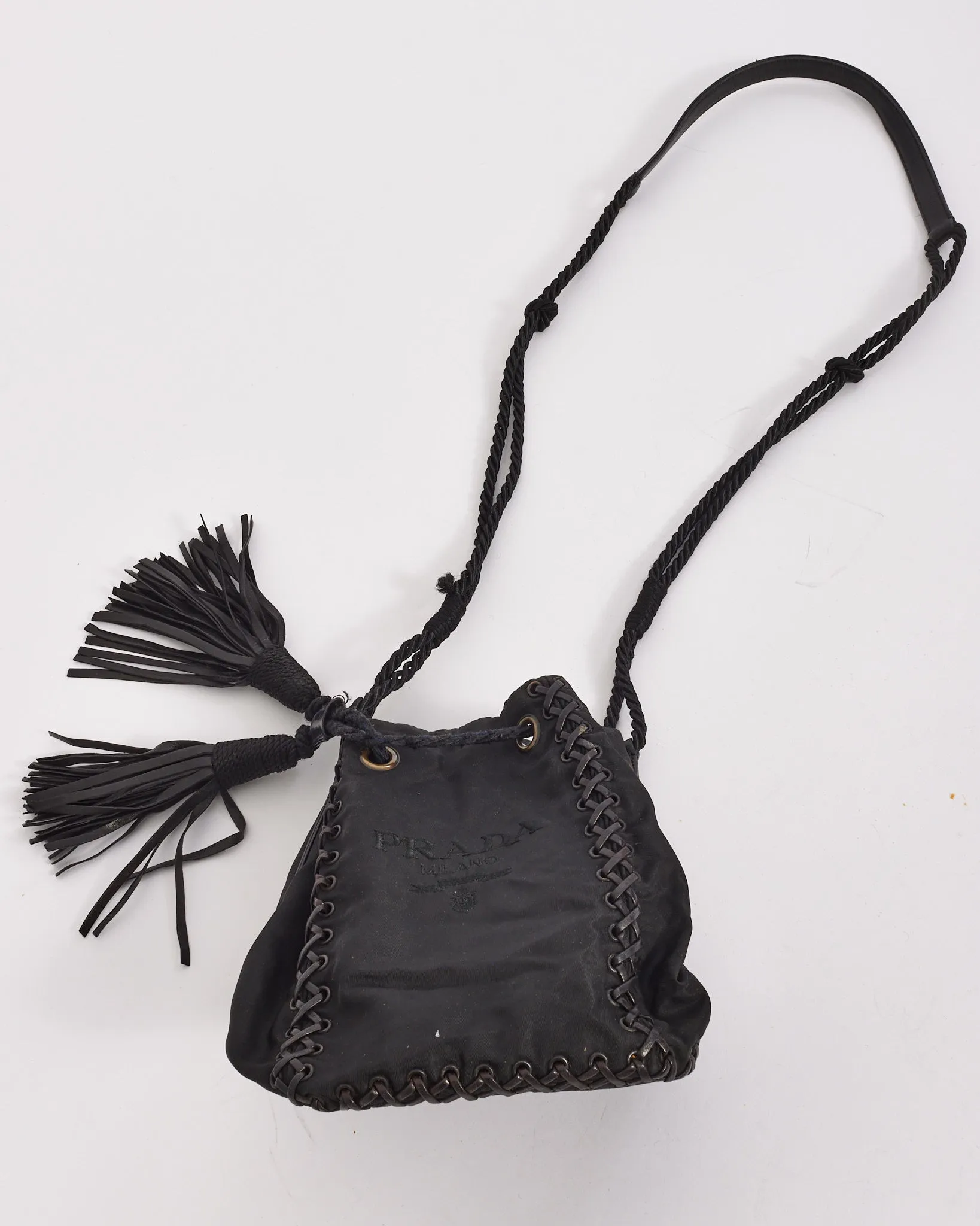 Prada Black Nylon Logo Small Tassel Bucket Bag