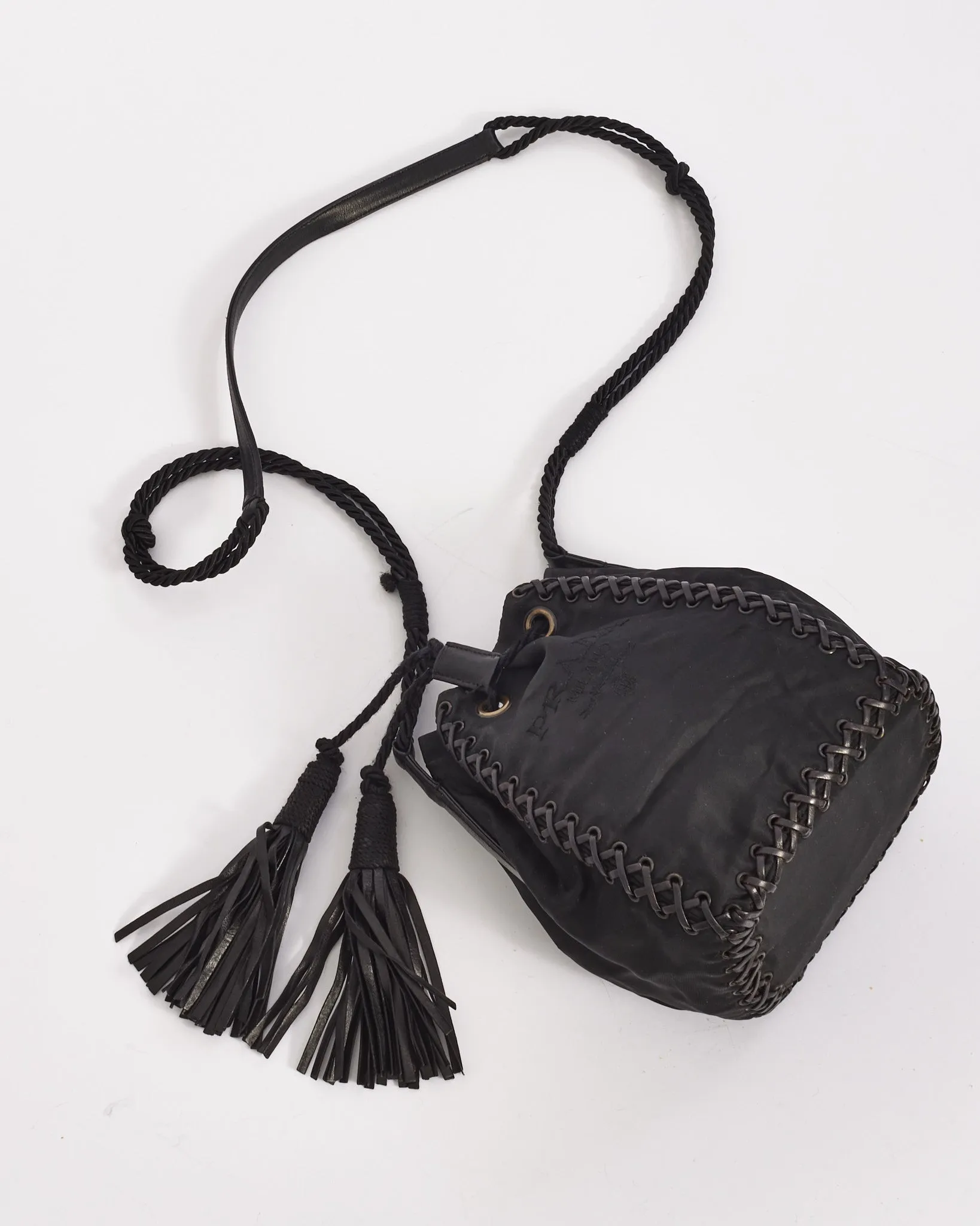 Prada Black Nylon Logo Small Tassel Bucket Bag