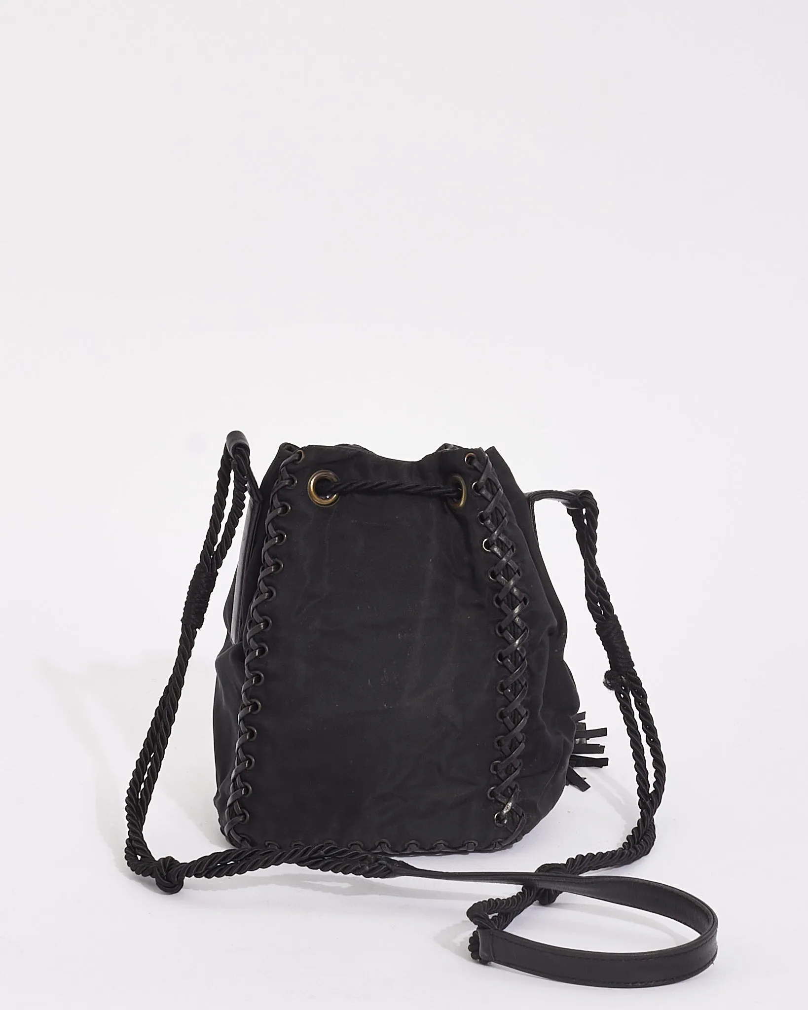 Prada Black Nylon Logo Small Tassel Bucket Bag
