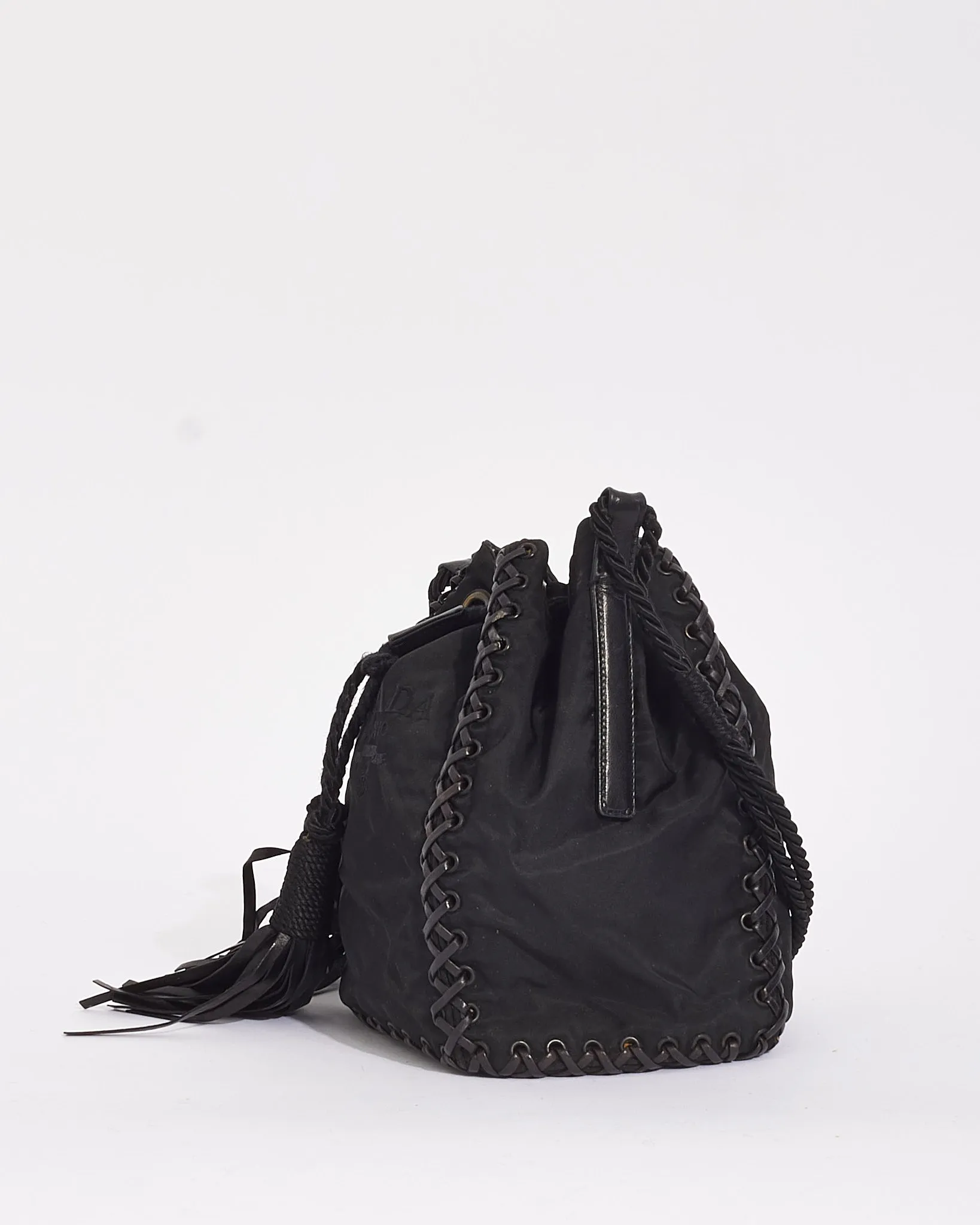 Prada Black Nylon Logo Small Tassel Bucket Bag