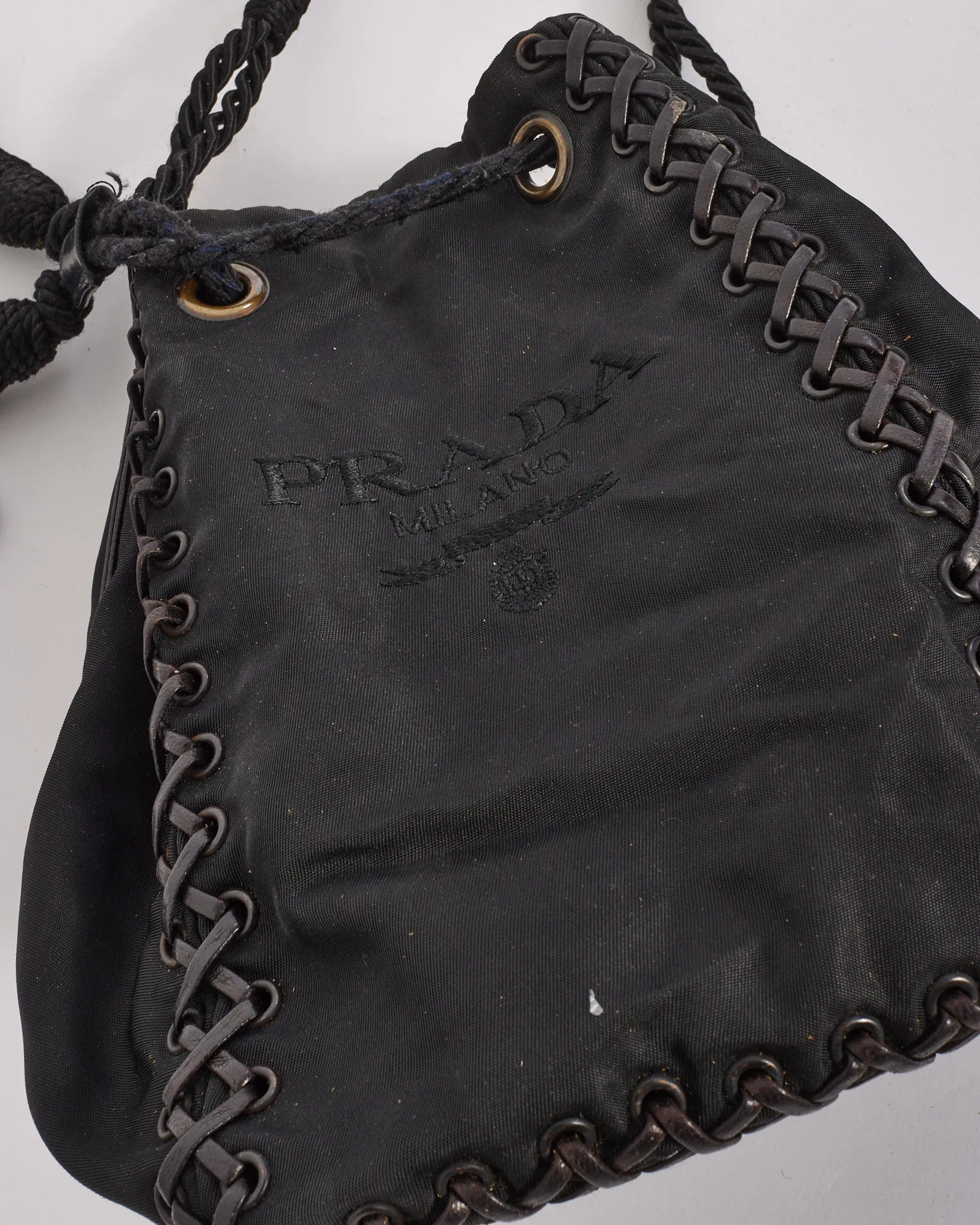 Prada Black Nylon Logo Small Tassel Bucket Bag