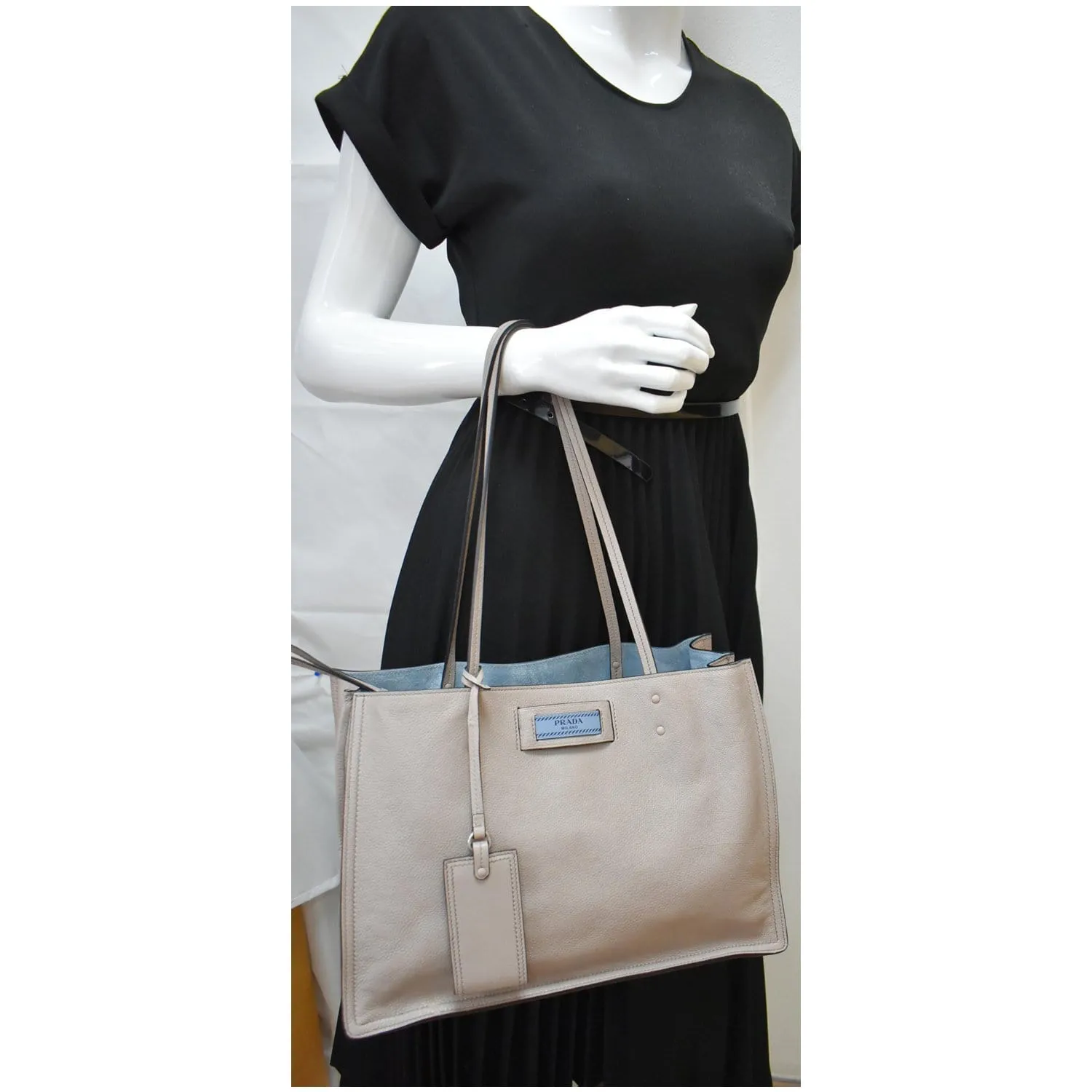 PRADA Glace Calf Leather Etiquette Tote Bag Taupe 1BG122