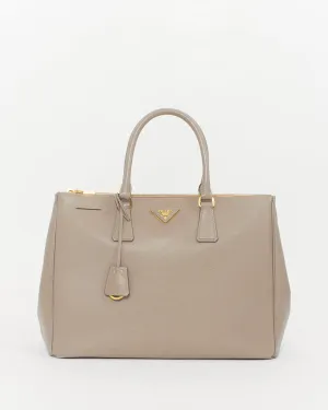 Prada Taupe Saffiano Leather Large Double Zip Galleria Tote Bag