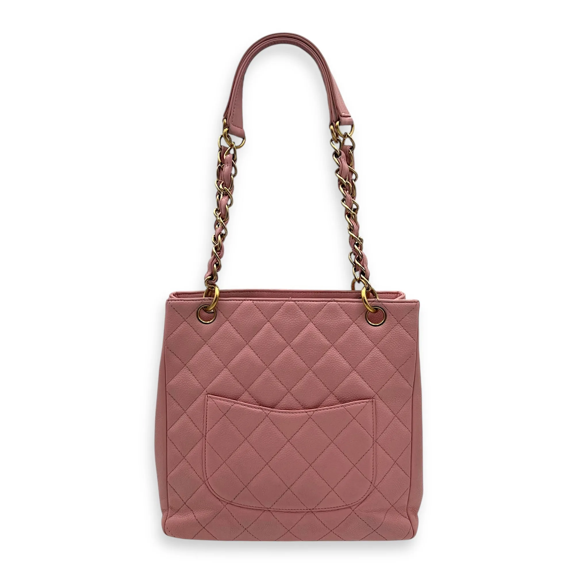 PST Petite Shopping Pink Tote Bag in Caviar Leather, Gold hardware