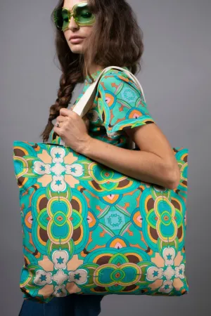 PSYCHEDELIC CROSSES STAR TEAL LARGE TOTE