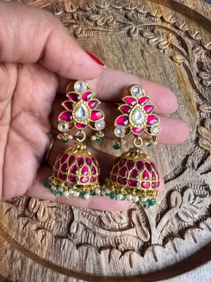 Pure 925 Silver Jadau Kundan Jhukma Earrings