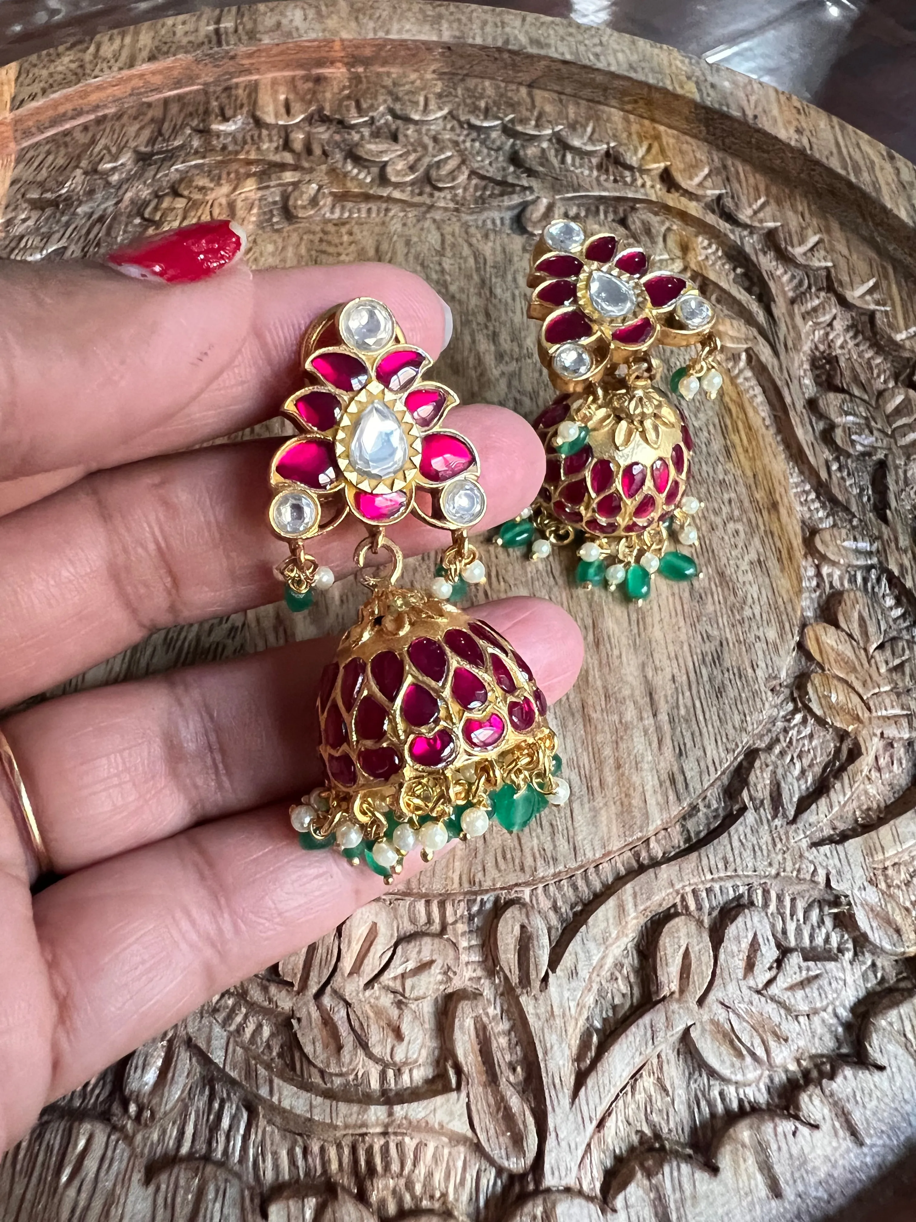 Pure 925 Silver Jadau Kundan Jhukma Earrings