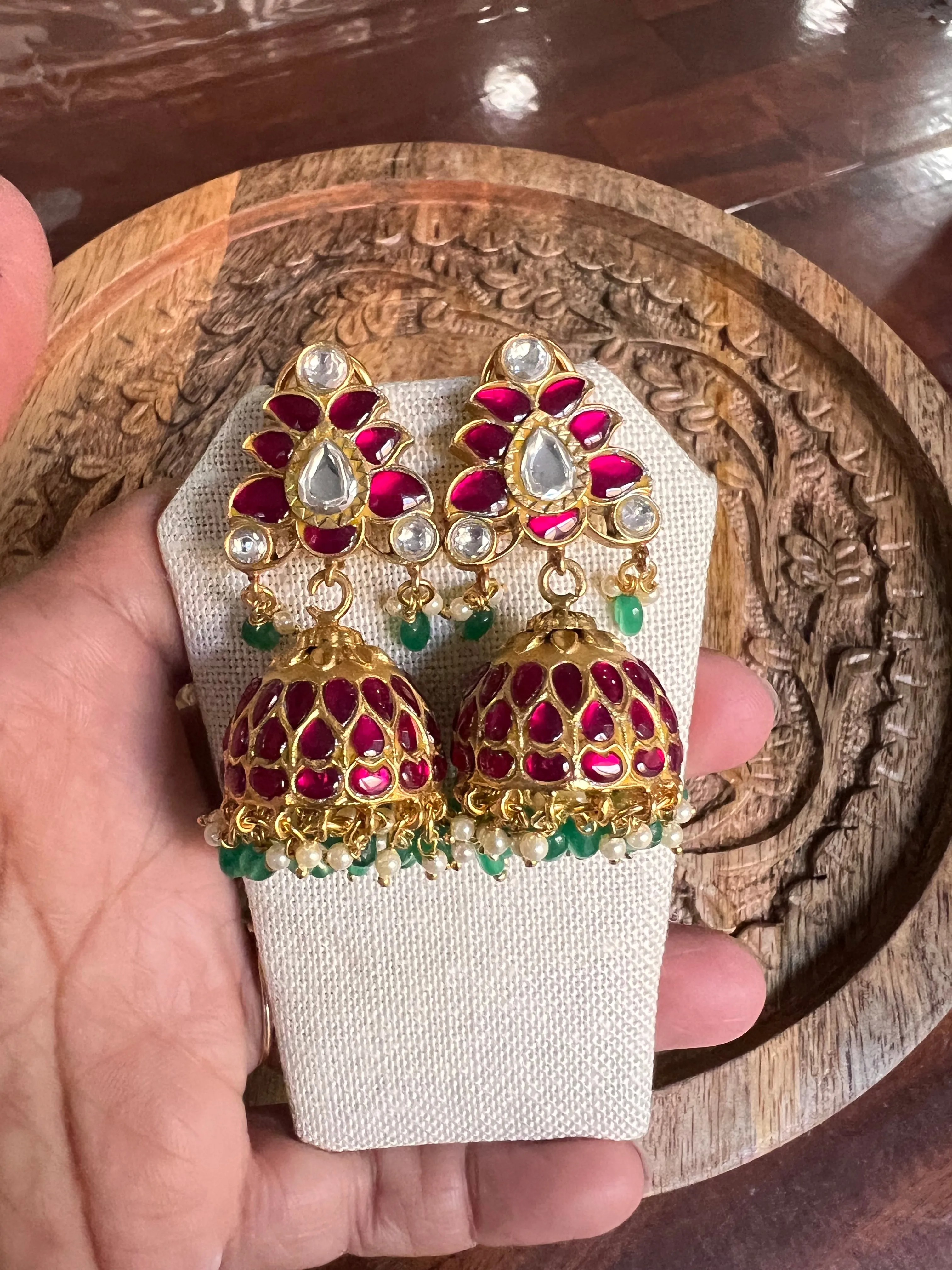 Pure 925 Silver Jadau Kundan Jhukma Earrings