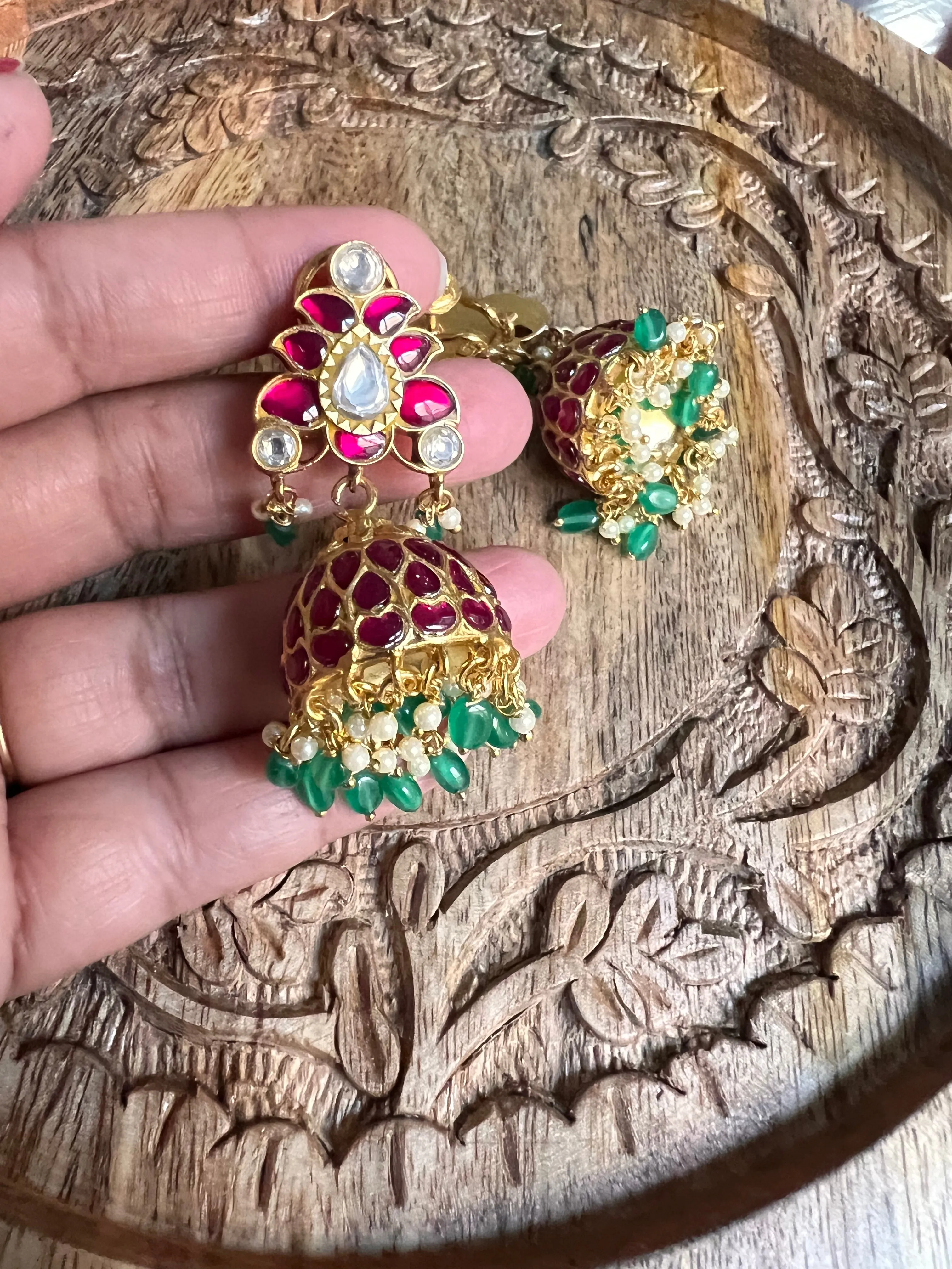 Pure 925 Silver Jadau Kundan Jhukma Earrings