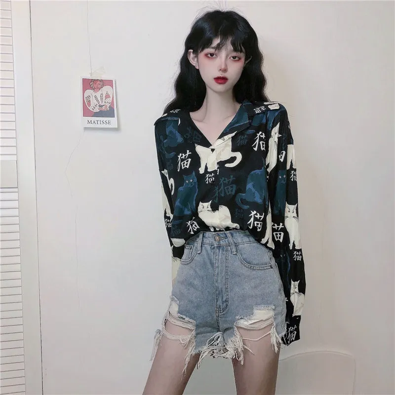 "BLACK FULL PRINT CAT LONG-SLEEVED" SHIRT N042701