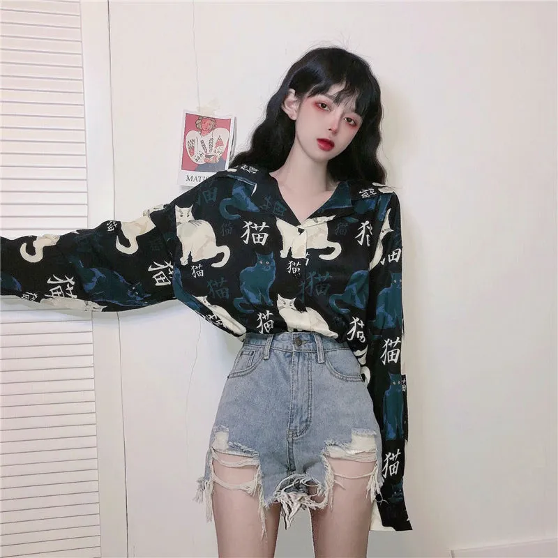 "BLACK FULL PRINT CAT LONG-SLEEVED" SHIRT N042701