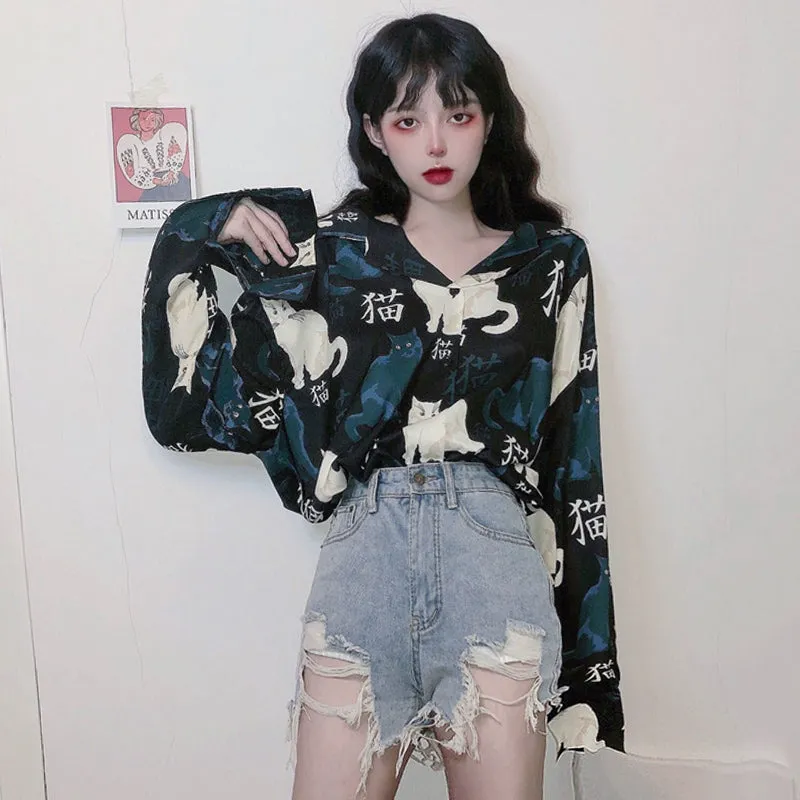 "BLACK FULL PRINT CAT LONG-SLEEVED" SHIRT N042701