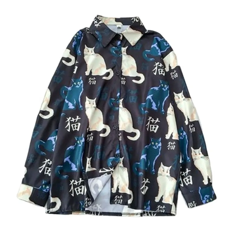 "BLACK FULL PRINT CAT LONG-SLEEVED" SHIRT N042701