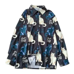 "BLACK FULL PRINT CAT LONG-SLEEVED" SHIRT N042701
