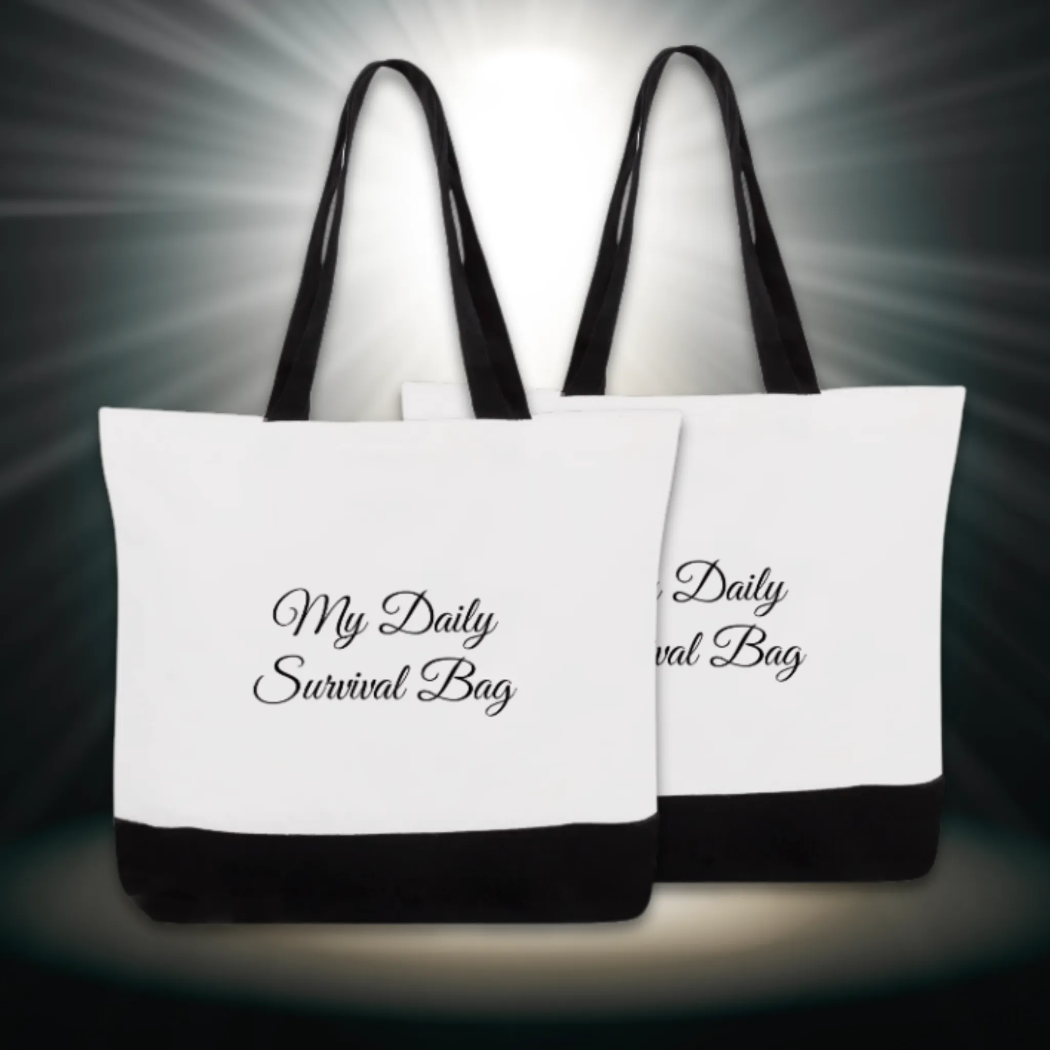 "My Daily Survival Bag" design, Basic White Cotton Canvas Open Top or Zipped Tote Bags