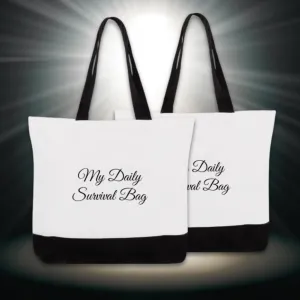 "My Daily Survival Bag" design, Basic White Cotton Canvas Open Top or Zipped Tote Bags