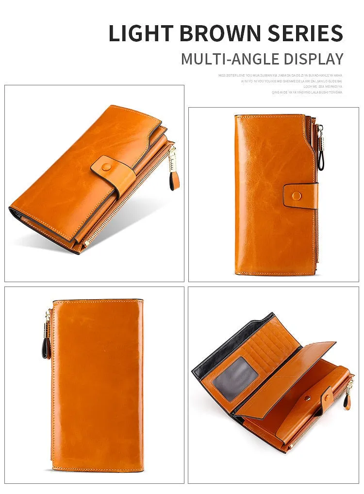 Realaiot Blocking Genuine Leather Women Wallet Long Lady Leather Purse Brand Design Luxury Oil Wax Leather Female Wallet Coin Purse