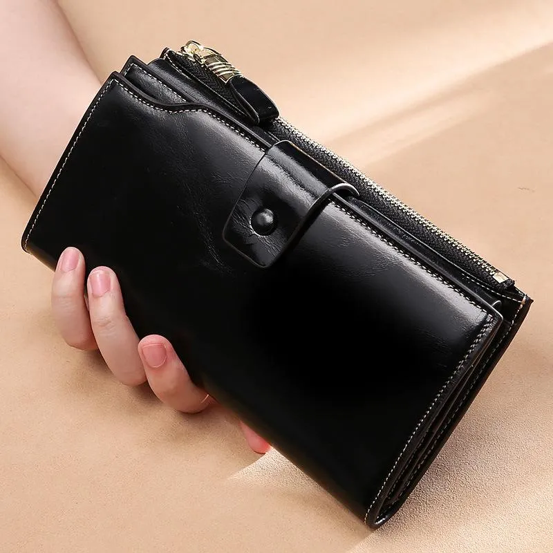 Realaiot Blocking Genuine Leather Women Wallet Long Lady Leather Purse Brand Design Luxury Oil Wax Leather Female Wallet Coin Purse