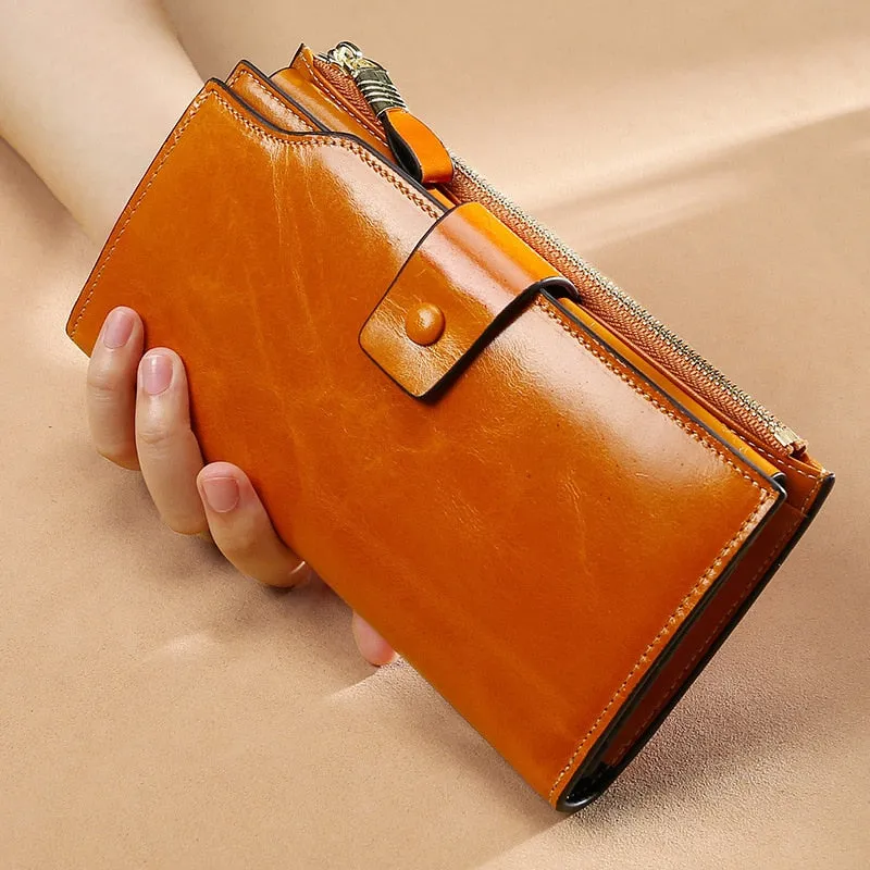 Realaiot Blocking Genuine Leather Women Wallet Long Lady Leather Purse Brand Design Luxury Oil Wax Leather Female Wallet Coin Purse