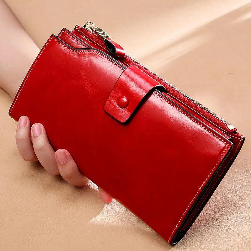 Realaiot Blocking Genuine Leather Women Wallet Long Lady Leather Purse Brand Design Luxury Oil Wax Leather Female Wallet Coin Purse