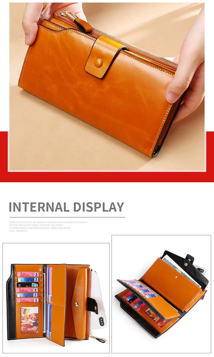 Realaiot Blocking Genuine Leather Women Wallet Long Lady Leather Purse Brand Design Luxury Oil Wax Leather Female Wallet Coin Purse