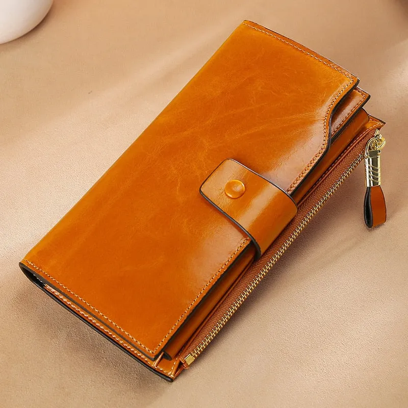 Realaiot Blocking Genuine Leather Women Wallet Long Lady Leather Purse Brand Design Luxury Oil Wax Leather Female Wallet Coin Purse
