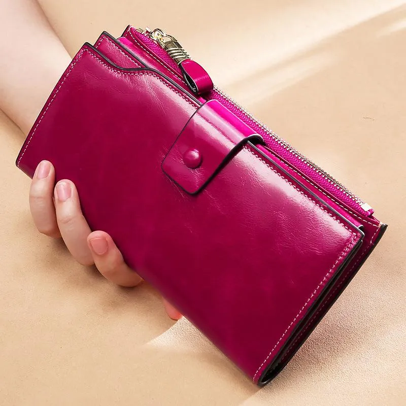 Realaiot Blocking Genuine Leather Women Wallet Long Lady Leather Purse Brand Design Luxury Oil Wax Leather Female Wallet Coin Purse