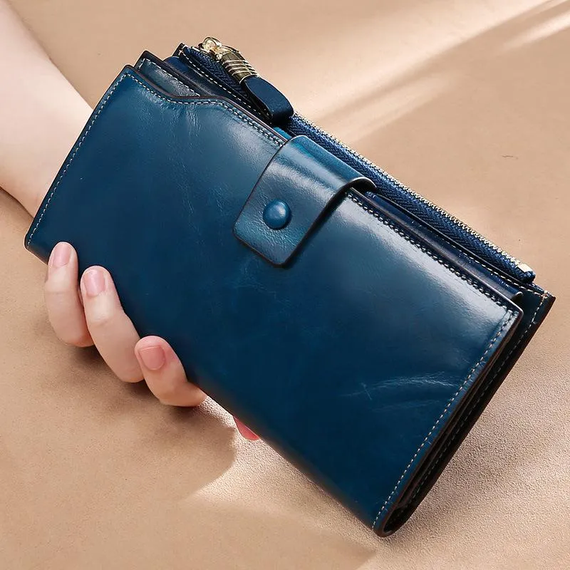 Realaiot Blocking Genuine Leather Women Wallet Long Lady Leather Purse Brand Design Luxury Oil Wax Leather Female Wallet Coin Purse