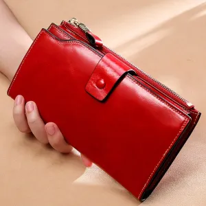 Realaiot Blocking Genuine Leather Women Wallet Long Lady Leather Purse Brand Design Luxury Oil Wax Leather Female Wallet Coin Purse