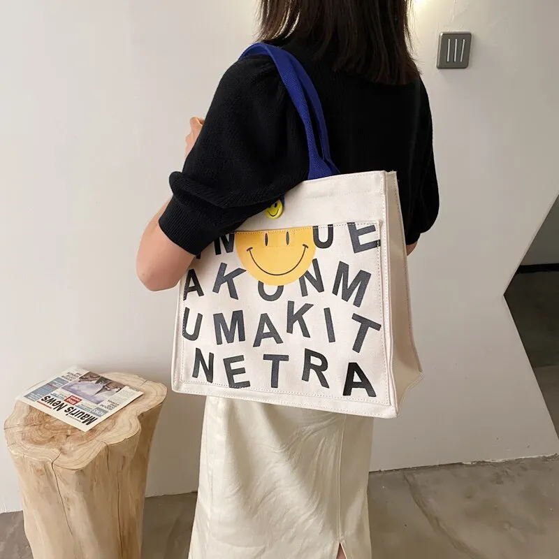 Realaiot Women Bags Designer Handbags Simple Shoulder Bags for Women Large Capacity Casual Tote Female Smiley Buckle Bag Canvas Totes
