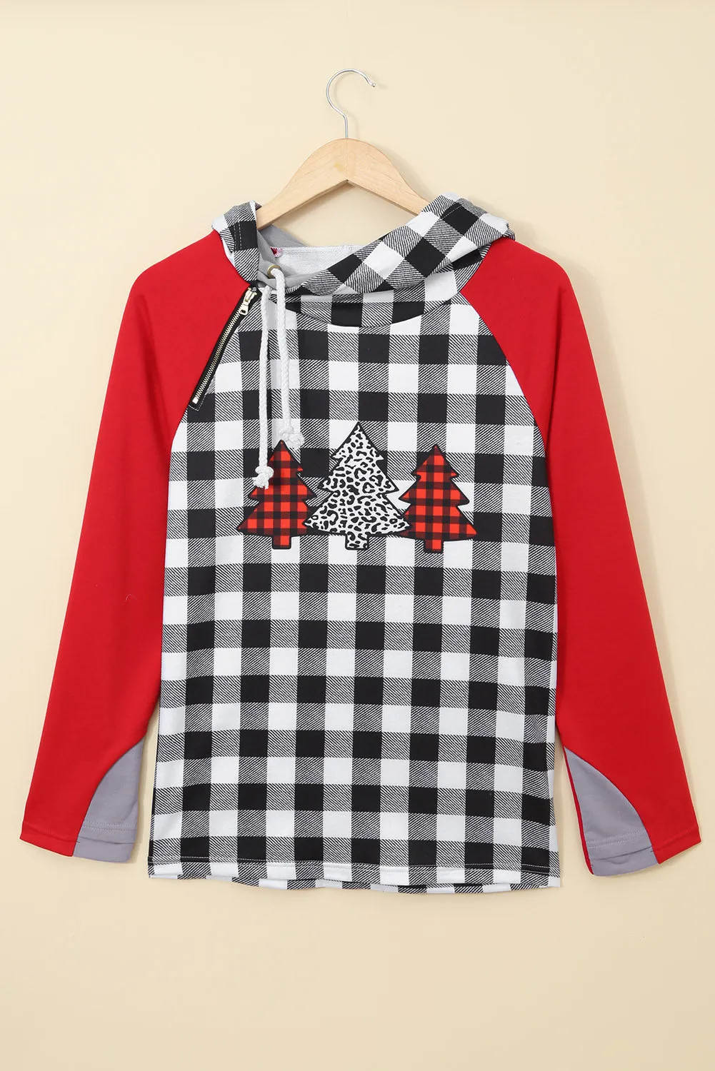 Red Christmas Tree Plaid Pattern Asymmetric Zip Hoodie