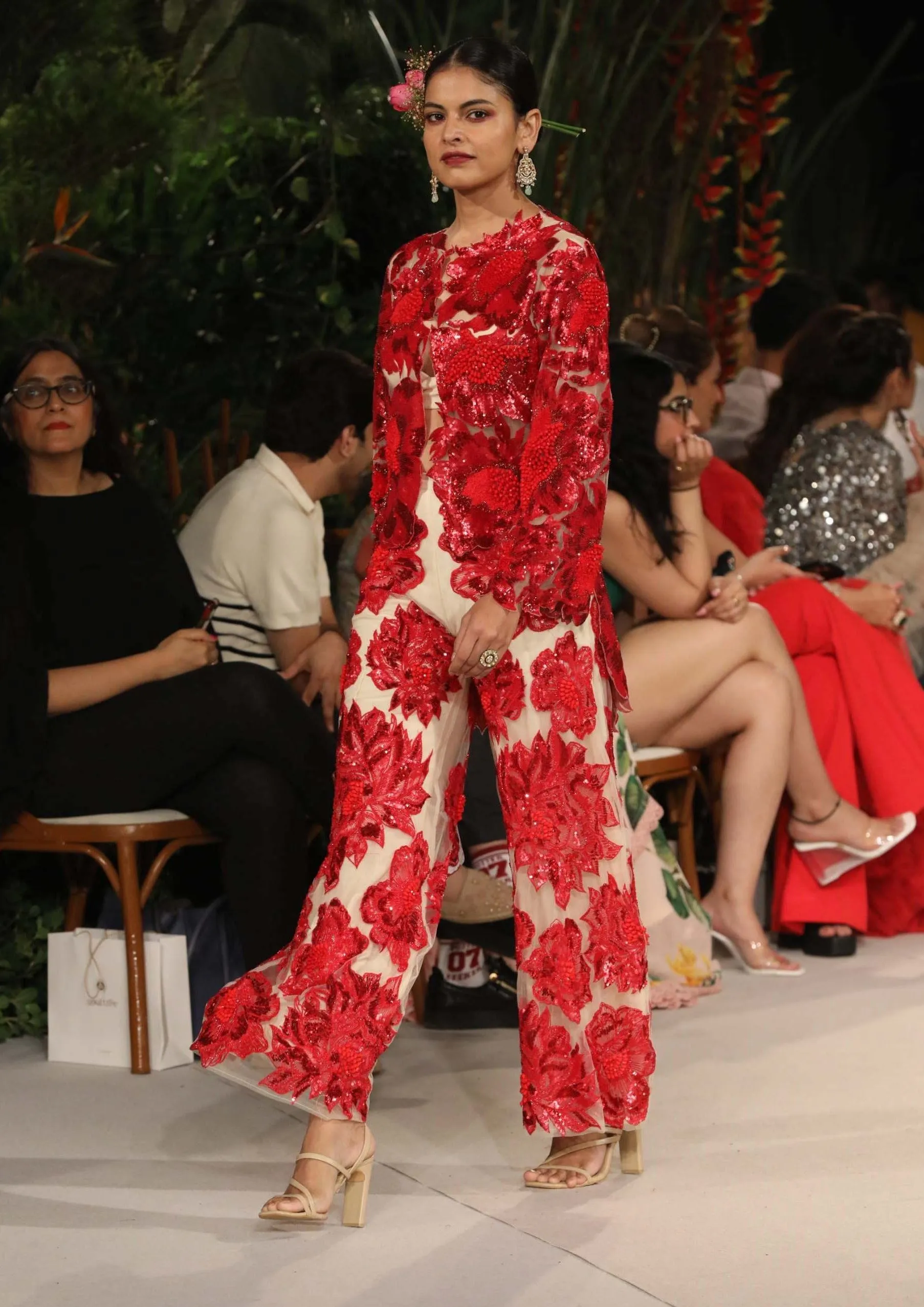 Red embroidered jacket and trousers set