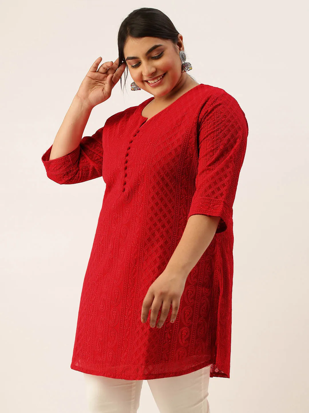 Red Paisley Embroidered Georgette Lucknowi Chikankari Thigh Length Tunic For Women - ZOLA