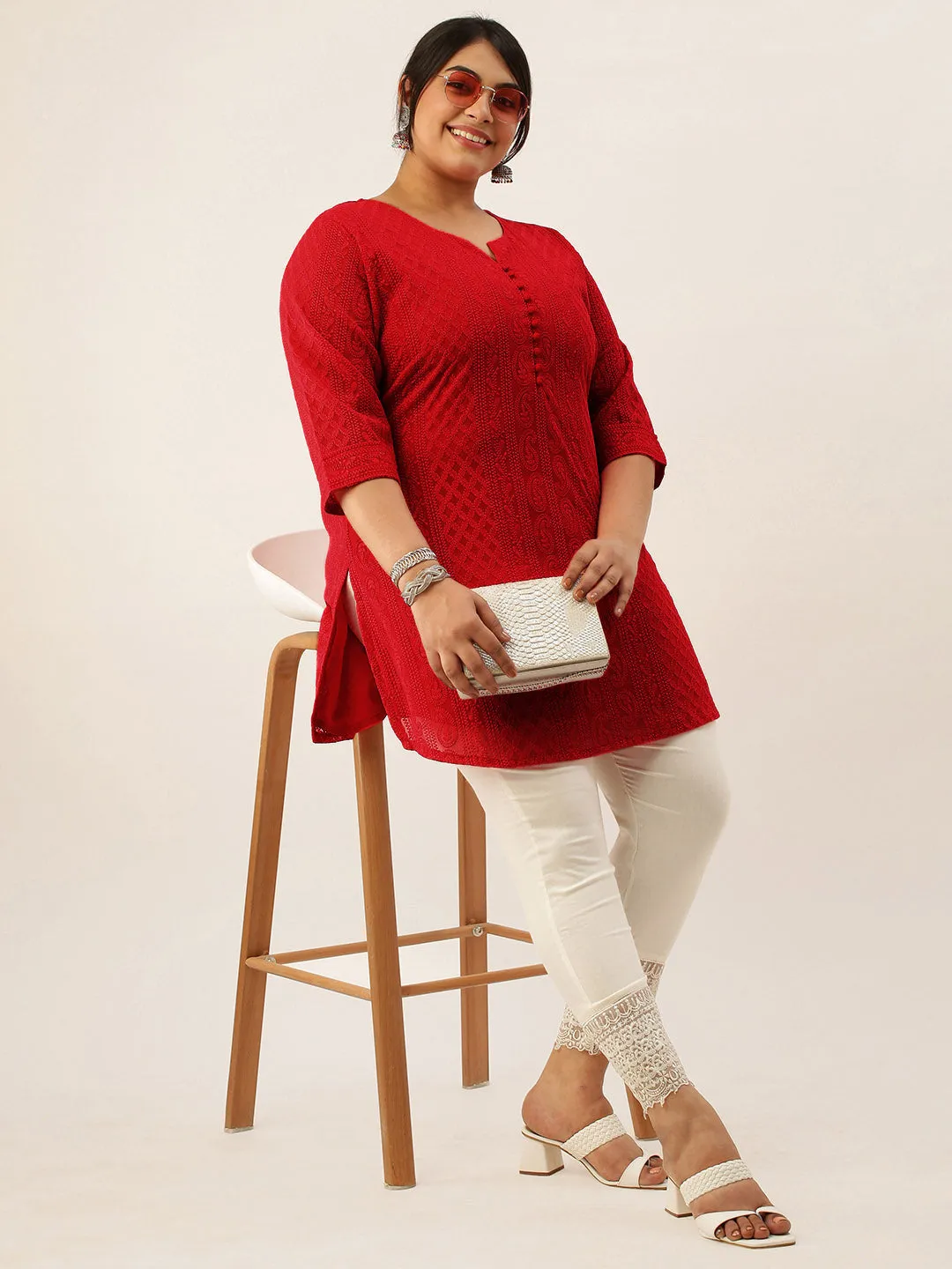 Red Paisley Embroidered Georgette Lucknowi Chikankari Thigh Length Tunic For Women - ZOLA