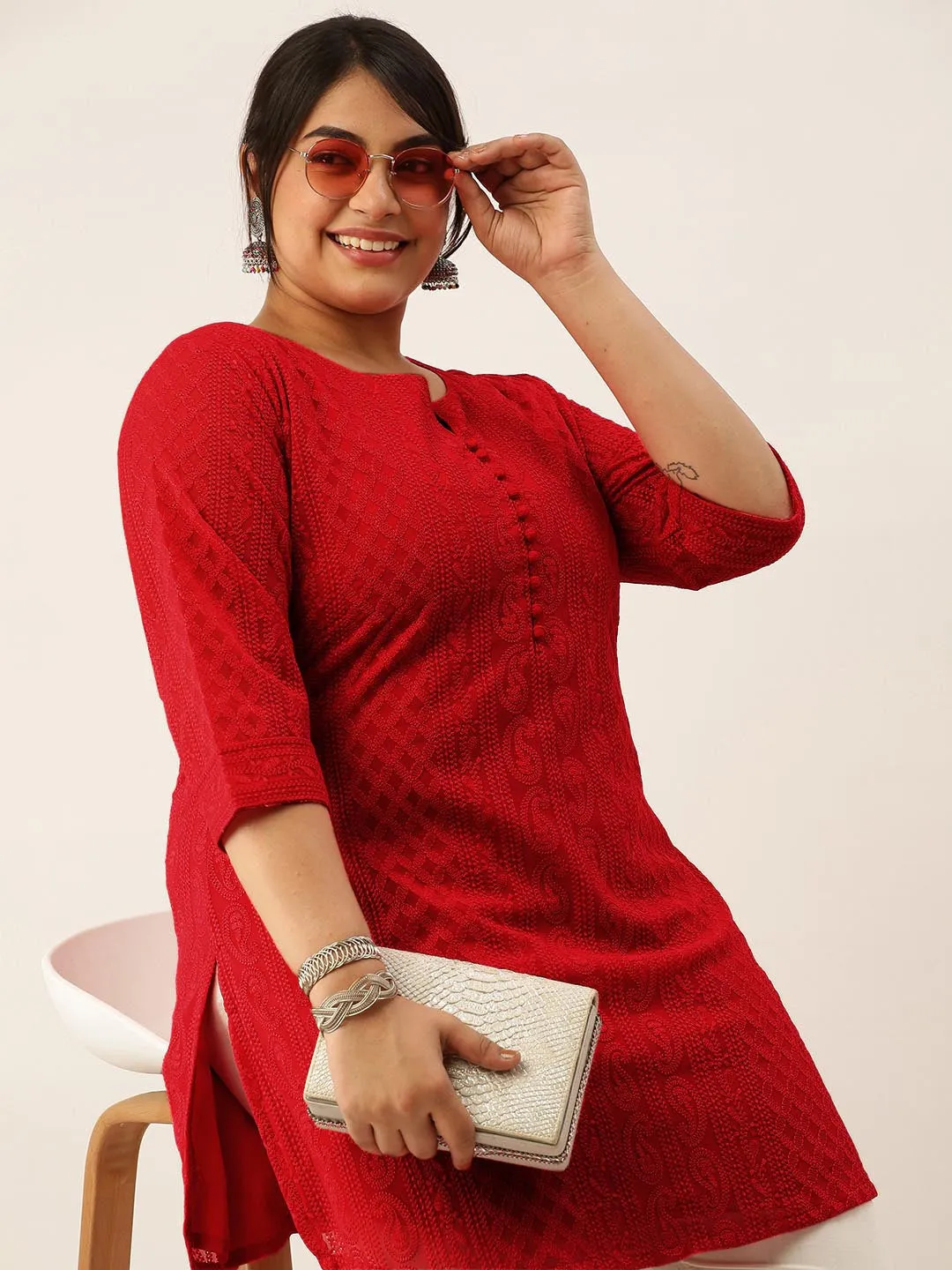 Red Paisley Embroidered Georgette Lucknowi Chikankari Thigh Length Tunic For Women - ZOLA
