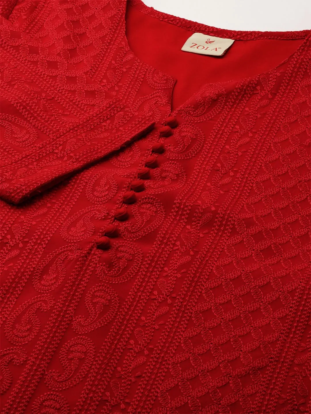 Red Paisley Embroidered Georgette Lucknowi Chikankari Thigh Length Tunic For Women - ZOLA