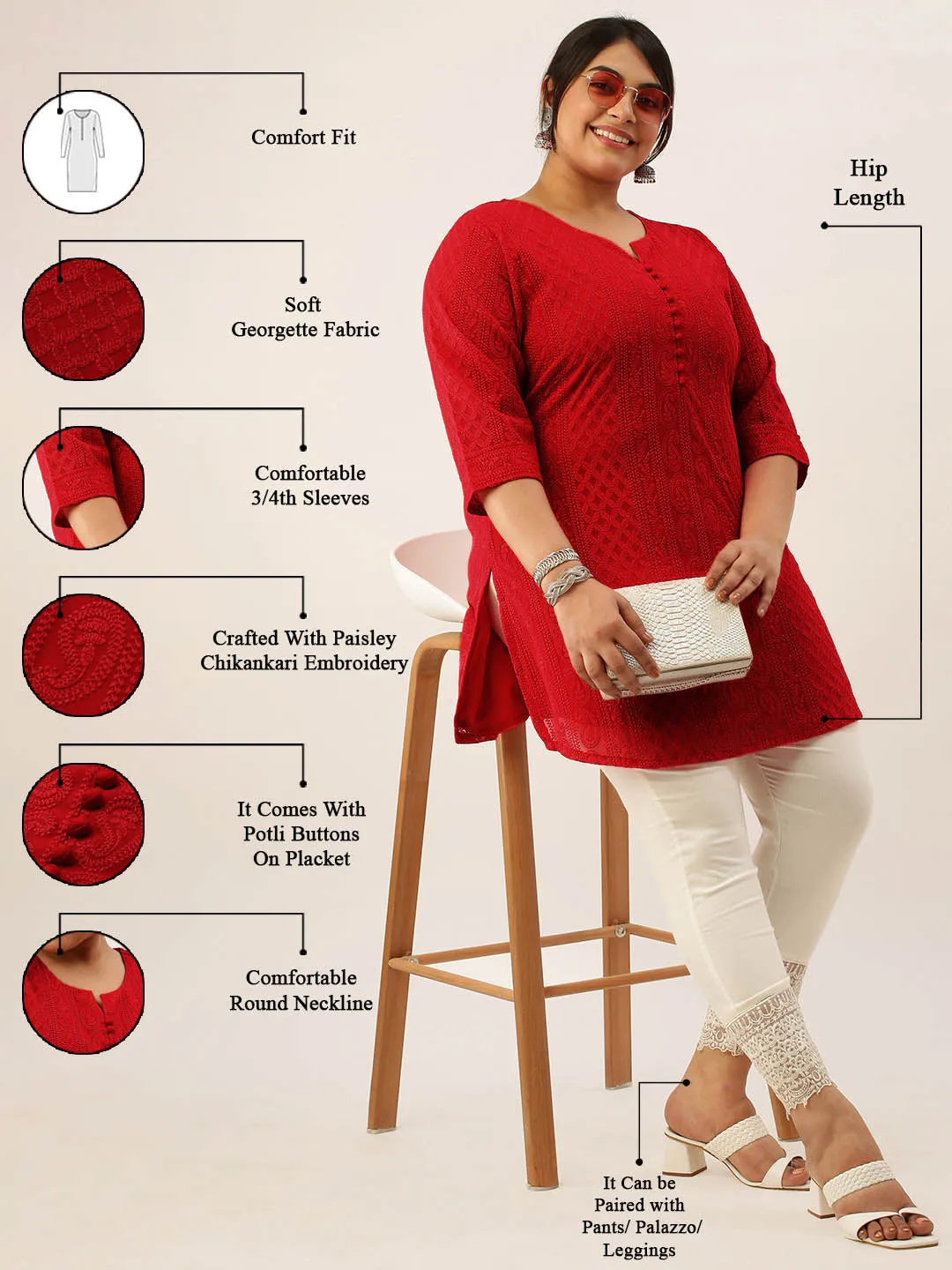 Red Paisley Embroidered Georgette Lucknowi Chikankari Thigh Length Tunic For Women - ZOLA