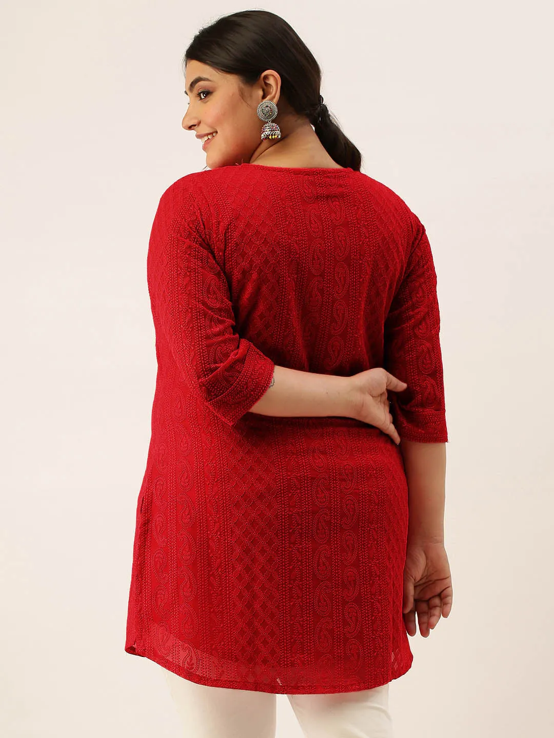 Red Paisley Embroidered Georgette Lucknowi Chikankari Thigh Length Tunic For Women - ZOLA