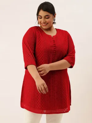 Red Paisley Embroidered Georgette Lucknowi Chikankari Thigh Length Tunic For Women - ZOLA