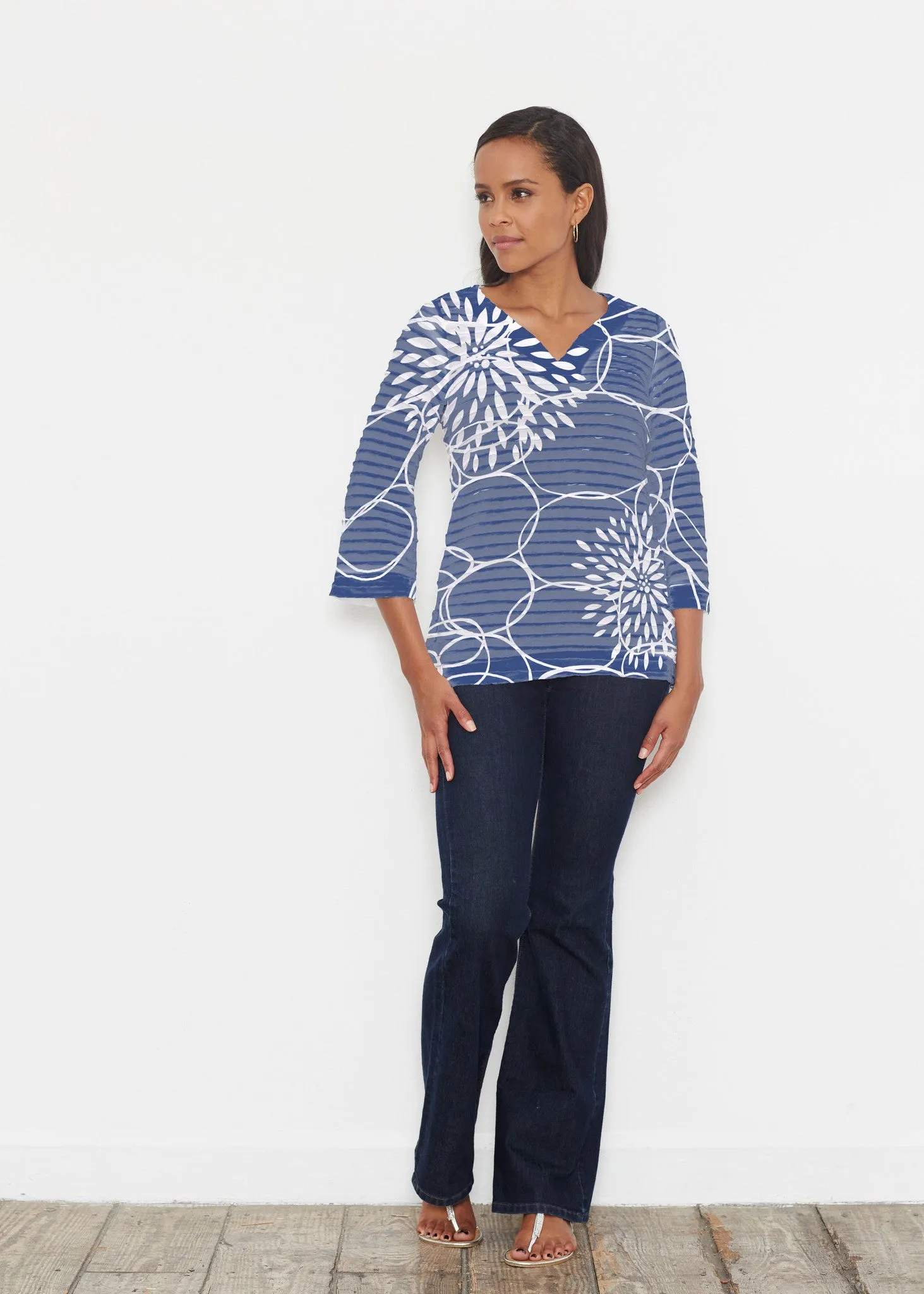 Reflection Navy (11040) ~ Banded 3/4 Bell-Sleeve V-Neck Tunic