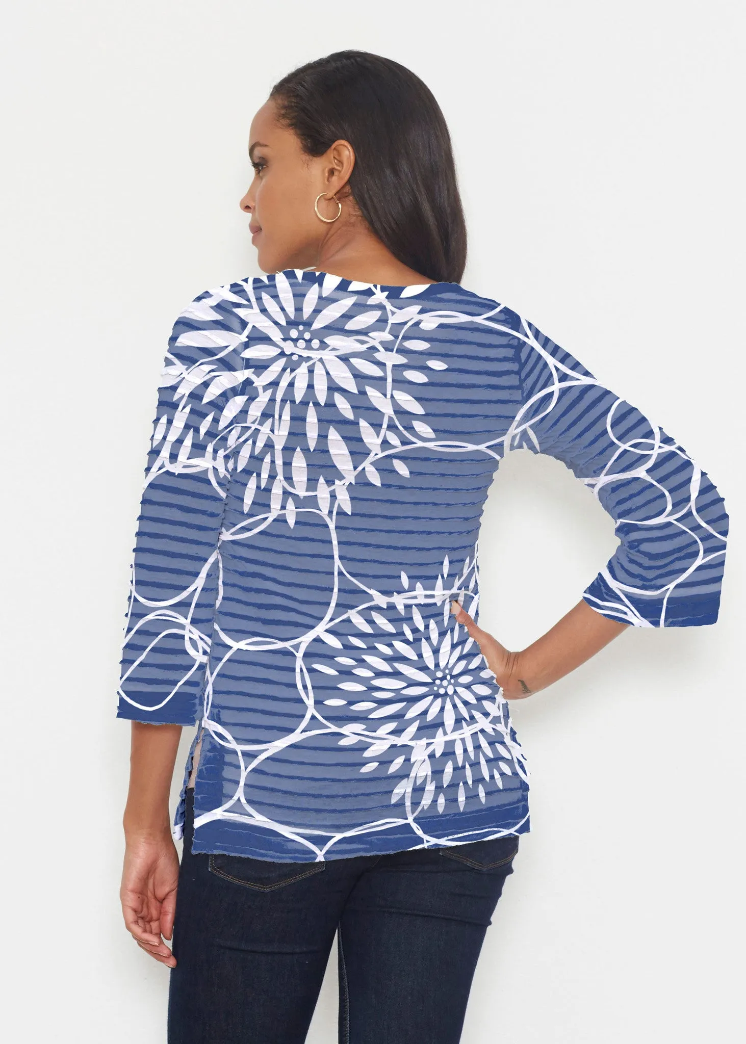 Reflection Navy (11040) ~ Banded 3/4 Bell-Sleeve V-Neck Tunic