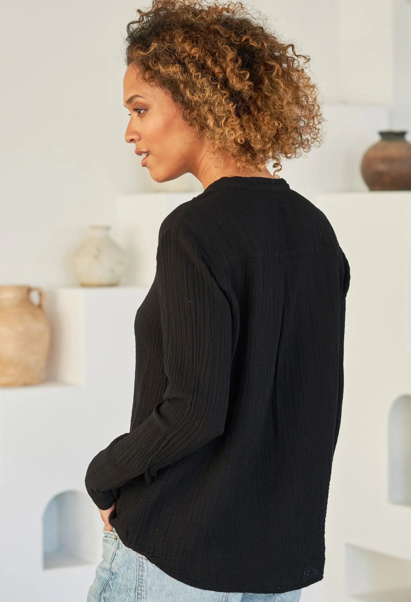 re:hOMe - The Perfect Button Front Cotton Top in Black